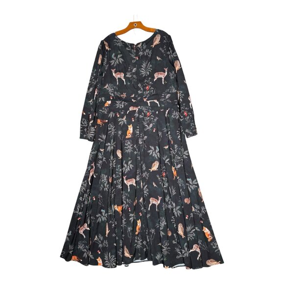 eShakti Navy Woodland Flora Fauna Floral Maxi Dress Long Sleeve Cute V Neck 2X - Picture 2 of 8